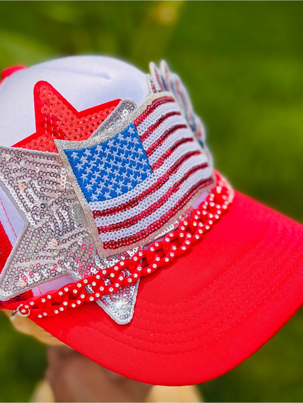 Patriotic Sequin Star Trucker Hat - Red
